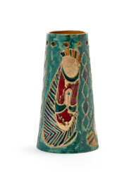 Terracotta vase painted and glazed in green, blue, red and orange with geometric and human figures graffiti decorations