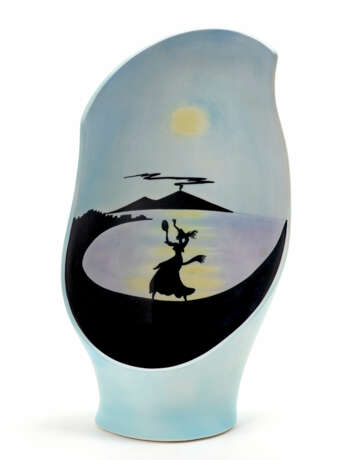 Ceramic vase glazed in opaque blue with marine and volcano depiction in black and yellow - photo 1