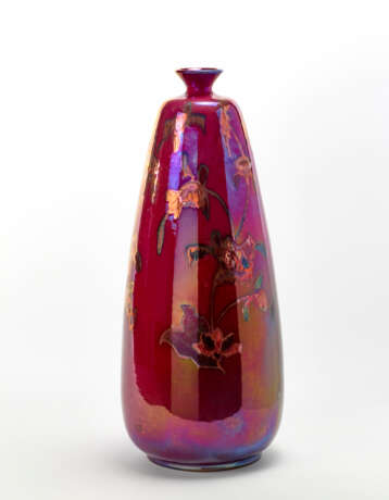 Vase in glazed ceramic with metallic luster on a burgundy background with floral decorations - фото 1