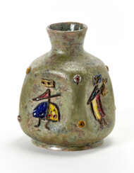 Square-shaped vase with flattened sides in glazed ceramic in shades of green and brown with relief depictions of stylized and enameled characters in yellow, blue, purple, light blue, brown