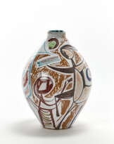 White ceramic vase with black, blue, brown and green decorations