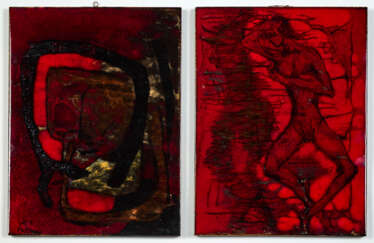 Two tiles in ceramic painted with oxides on selenium red glaze