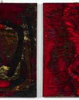 Two tiles in ceramic painted with oxides on selenium red glaze