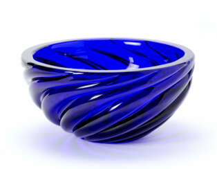 Blue transparent glass bowl with twisted ribs