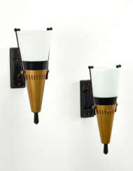 Pair of wall lamps with lampshade in lattimo incamiciato glass, structure in black painted metal and brass