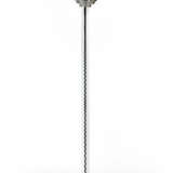 Floor lamp of post-modern taste, with blue painted metal base, cylindrical stem in colorless transparent glass, diffuser cup in bronze-colored satin metal - photo 1