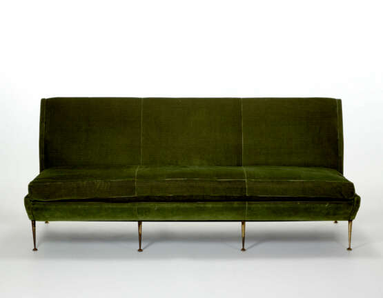 Three seater sofa with wooden structure, brass feet, green corduroy upholstery - photo 1