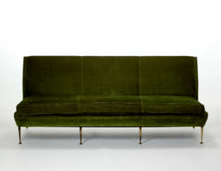 Three seater sofa with wooden structure, brass feet, green corduroy upholstery