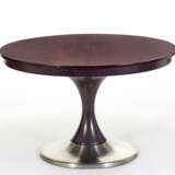 Dark wood dining table with extendable circular top, turned central support and metal coated base - photo 1