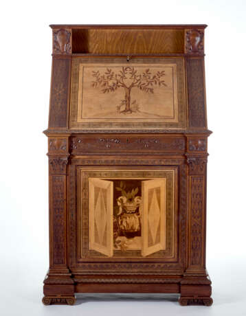 Neo-Renaissance style writing desk with two bodies in carved wood with door in the lower part and flap in the upper part - фото 1