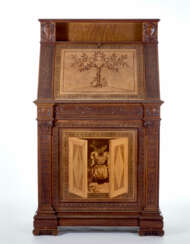 Neo-Renaissance style writing desk with two bodies in carved wood with door in the lower part and flap in the upper part