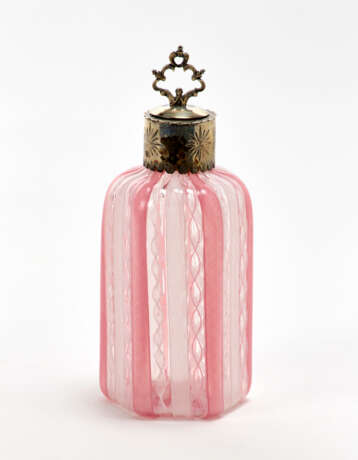 Perfume bottle in clear colorless blown glass with canes of pink zanfirico and lattimo, silver metal cap - фото 1