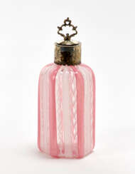 Perfume bottle in clear colorless blown glass with canes of pink zanfirico and lattimo, silver metal cap