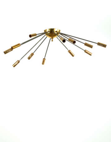 Sputnik-type ceiling lamp with twelve lights of different lengths in black painted metal and brass - photo 1