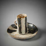 Cup and saucer in hand-molded ceramic and glazed in gray, matt white, black, ocher and light blue - фото 3