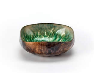 Copper bowl worked with irregular pods and enamelled in shades of green and brown and white and pink