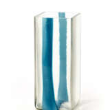 Square section vase for Pierre Cardin in clear colorless blown glass with turquoise vertical bands - photo 1