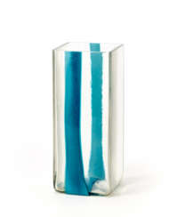 Square section vase for Pierre Cardin in clear colorless blown glass with turquoise vertical bands