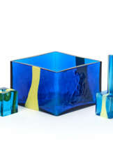 Lot consisting of two soliflore vases / bottles, two candle holders and a large quadrangular vase in blue glass with applied band in opaque yellow glass