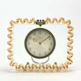 AKROM table clock with frame in clear pink transparent blown corrugated glass and nickel-plated brass frame - photo 1