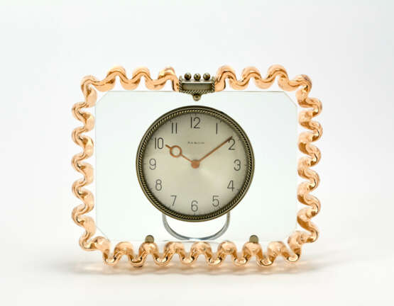 AKROM table clock with frame in clear pink transparent blown corrugated glass and nickel-plated brass frame - photo 1