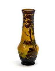 Acid-etched cameo glass vase with floral decorations and relief landscape in shades of brown, red, yellow and orange