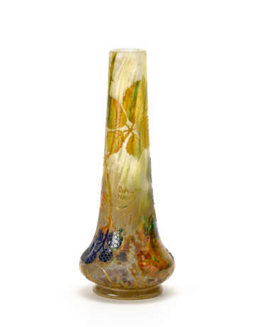Acid-etched cameo glass vase with relief floral decorations depicting blackberries, in shades of orange, purple, green, yellow on a transparent-yellow background - фото 1