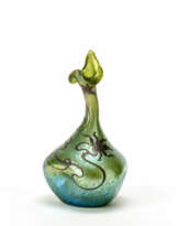Iridescent green blown glass vase with irregular bulbiform body with jagged edge neck with silver foil whip line floral decorations