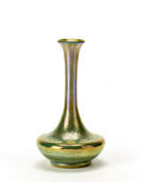 Vase with narrow neck in strongly iridescent green blown glass decorated with waving filaments