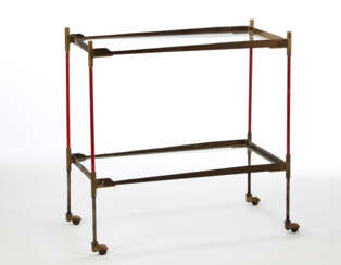 Trolley with structure in red painted metal and brass, glass shelves