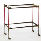 Trolley with structure in red painted metal and brass, glass shelves - photo 1