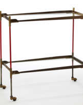 Trolley with structure in red painted metal and brass, glass shelves
