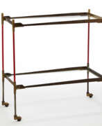 Cesare Lacca. Trolley with structure in red painted metal and brass, glass shelves