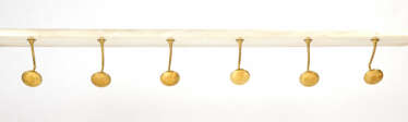 Wall-mounted coat rack with six knobs in cast brass, with large built-in shelf-hatbox in veined white marble