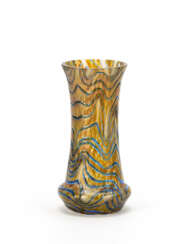 Vase in colorless and orange iridescent blown glass with irregular streaked relief applications in transparent blue glass