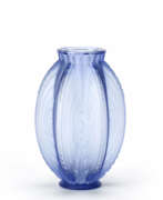 Сабино Вентура. Vase in transparent blue glass blown in mold with geometric and floral decorations stylized with large ribs