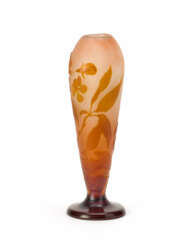Vase with a tapered bulbiform body, in acid-etched cameo glass with floral decorations in orange and amber on a lattimo pink background