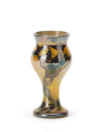 Slightly iridescent ocher yellow blown glass vase with whip line decorations applied in slight relief in silver foil - фото 1