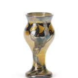 Slightly iridescent ocher yellow blown glass vase with whip line decorations applied in slight relief in silver foil - photo 1