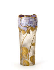 Art Nouveau vase in colorless acid-etched glass decorated in gold and light blue enamel depicting hydrangeas