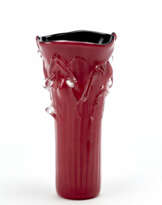 Vase in very dark and brown amethyst incamiciato glass with heat-applied filaments