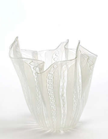 Fazzoletto vase in clear blown glass with lattimo zanfirico canes - photo 1