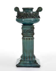 Monumental Liberty cache-pot on a quadrangular section pedestal in glazed ceramic in shades of green