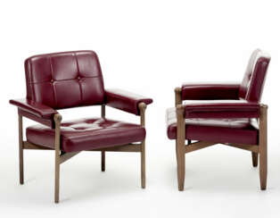 Pair of armchairs covered in amaranth-colored vinyl leather, solid wood structure with cross structure under the seat