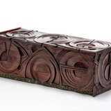 Solid wood chest of drawers decorated in carving with abstract circular and linear motifs, base covered in metal with linear embossed decorations - photo 1