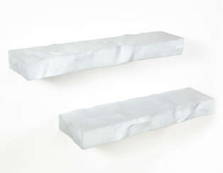 Two white painted embossed iron shelves