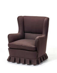 Upholstered armchair covered with anthracite-colored woolen cloth fabric, wooden feet