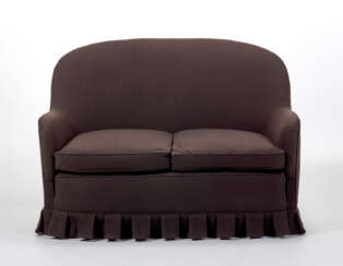 Upholstered sofa covered with anthracite-colored woolen cloth fabric, wooden feet