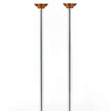 Pair of floor lamps of post-modern taste, with green painted metal base, cylindrical stem in colorless transparent glass, diffuser cup in bronze-colored satin metal - photo 1
