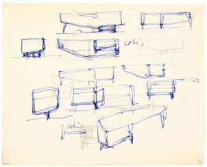Studies for desks and equipped walls, among which a variant of the desk model created for Gianni Mazzocchi is recognizable